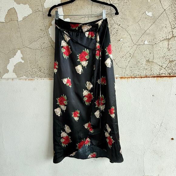 Vtg 90s Wrap Skirt Black Silky Satin Rose Print Midi USA Made Coquette Grunge S - Picture 1 of 7